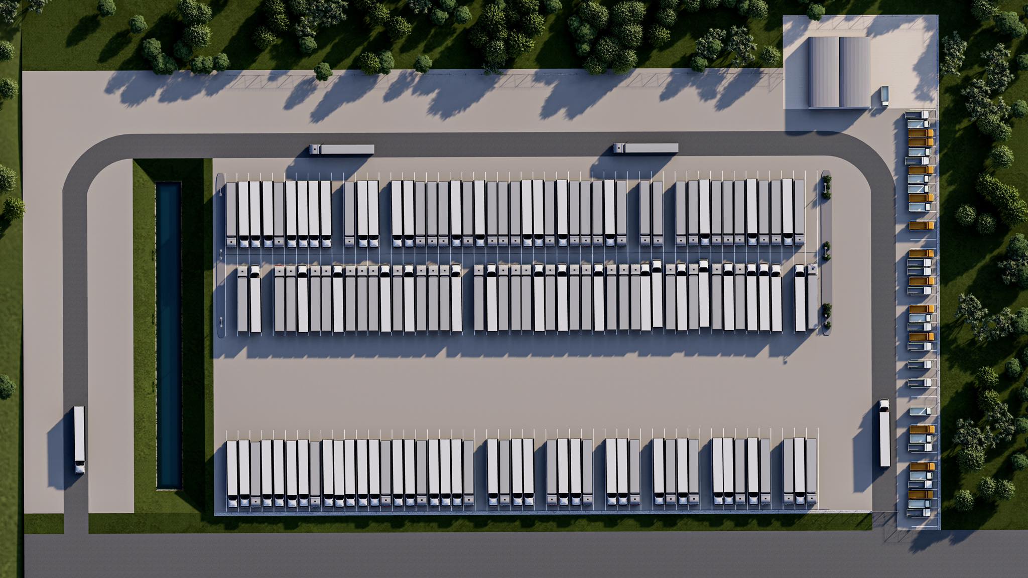 Top-down parking layout with rows of truck and trailer spaces